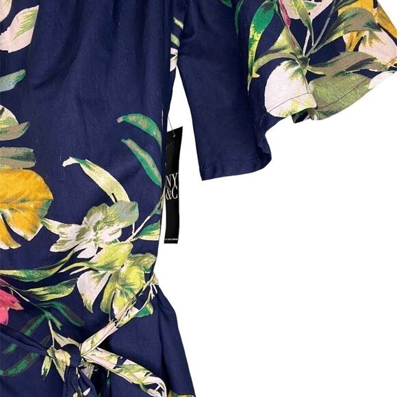 New York & Company Navy Floral Off the Shoulder Trapeze Shift Mini Dress Belted - Picture 4 of 5